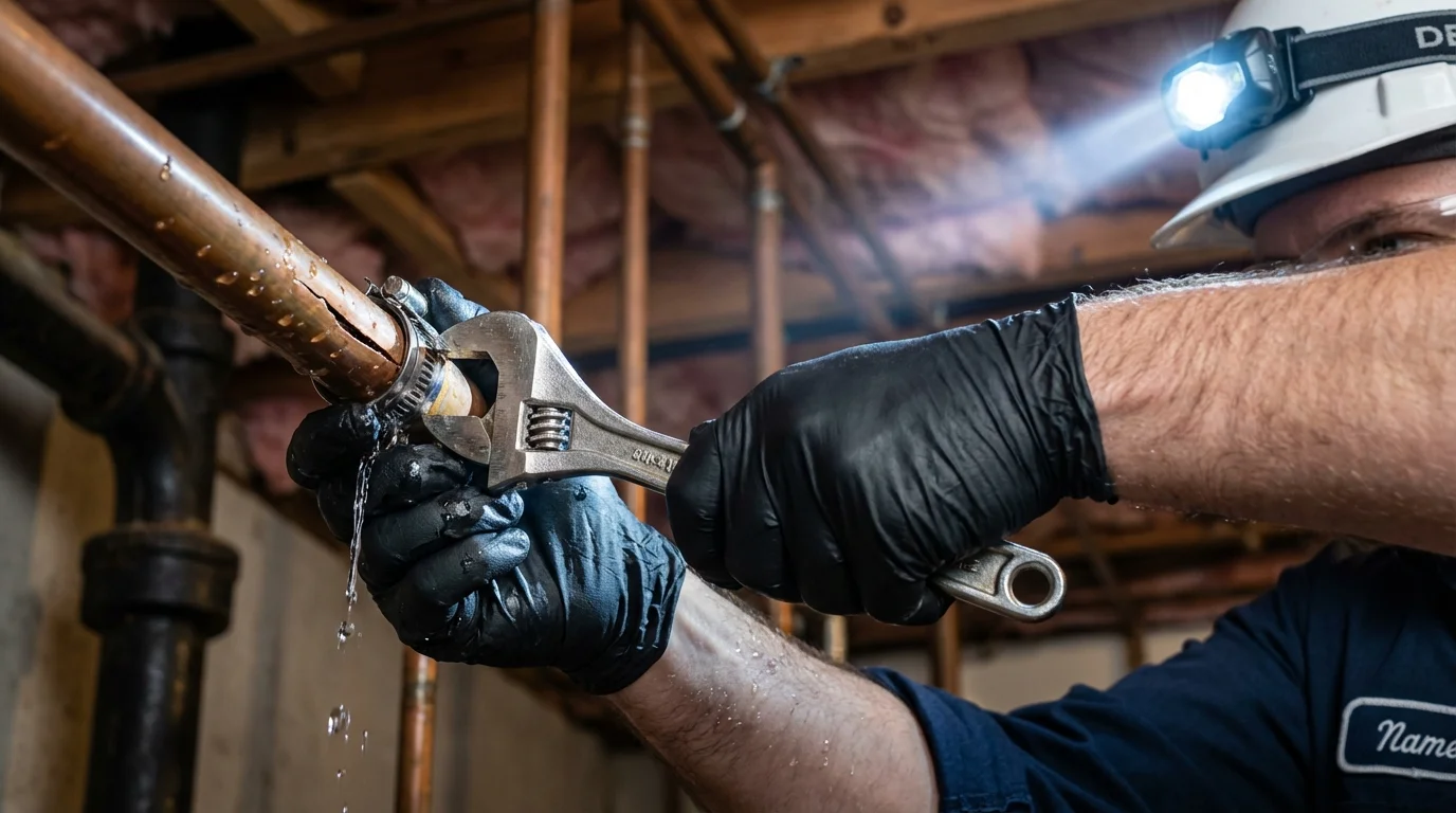 Emergency pipe clamp repair being performed by a Johns Plumbing LLC plumber in Winona